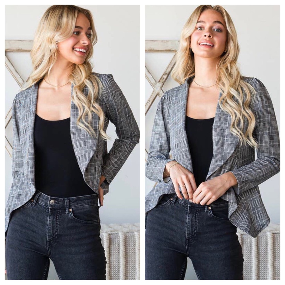 Monet Black & Ivory Plaid Open Shawl Blazer